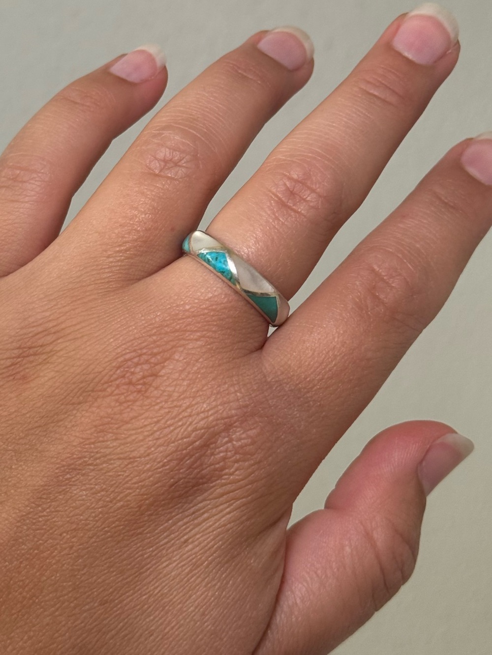 Mother of Pearl and Turquoise Sterling Silver Inlay Ring Size 8.5